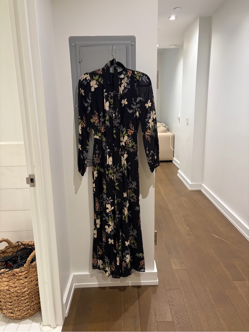 Reformation Black Floral Tie-Neck Maxi Dress